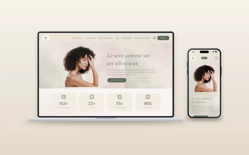 Site de l’institut Élixir de Beauté à Royat, affiché sur ordinateur et mobile