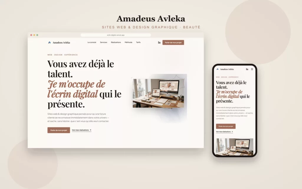 Site portfolio d’Amadeus Avleka, affiché sur ordinateur et mobile