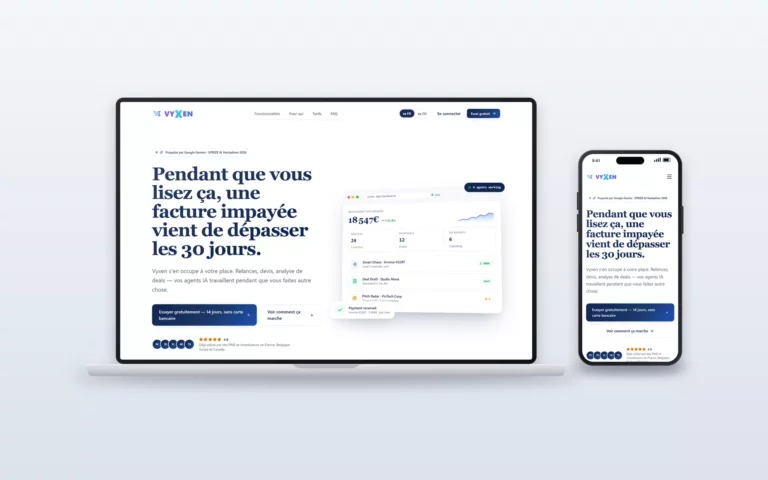Page d’accueil et tableau de bord du SaaS Vyxen, affichés sur ordinateur et mobile