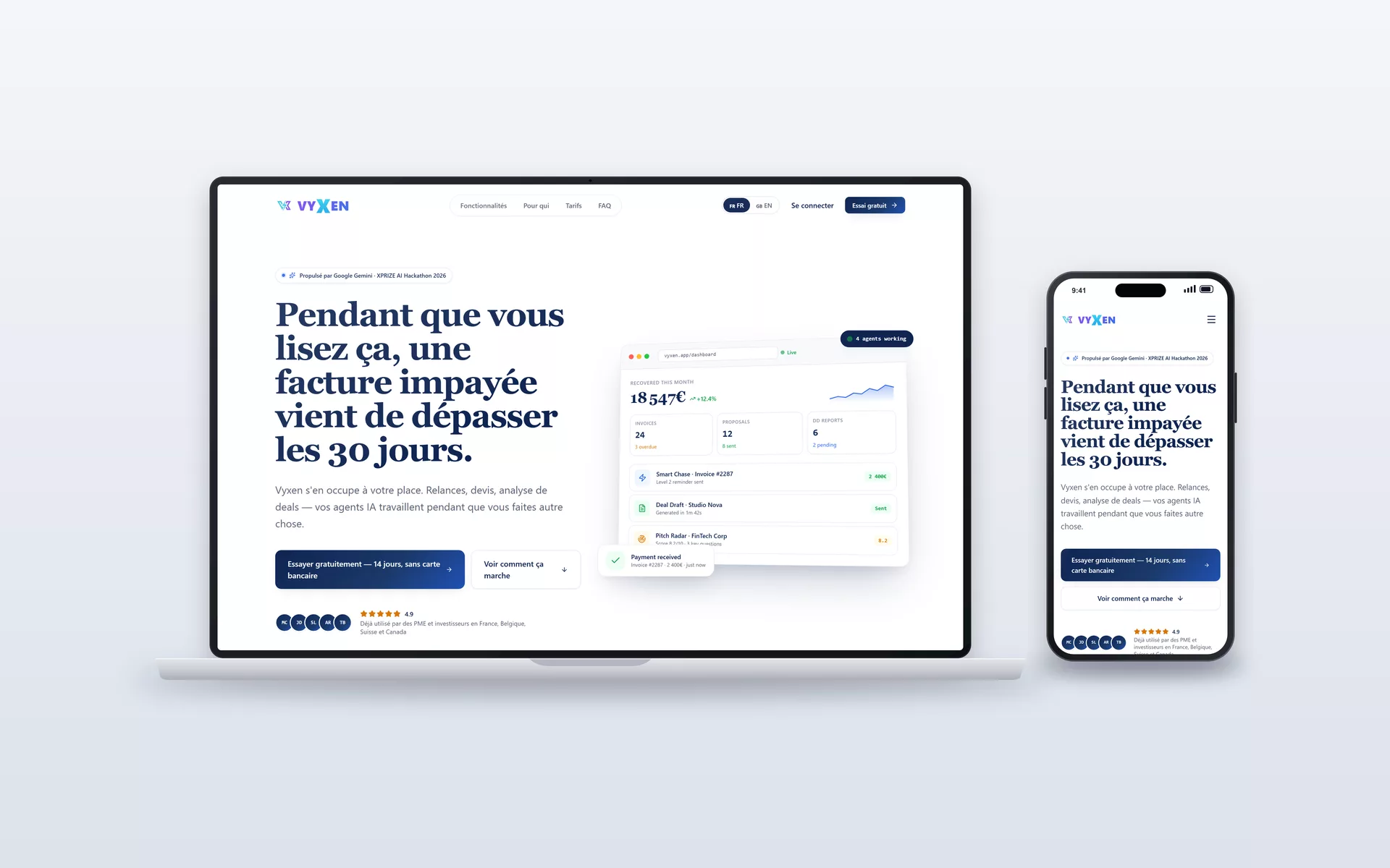 Page d’accueil et tableau de bord du SaaS Vyxen, affichés sur ordinateur et mobile